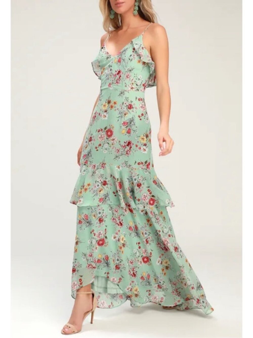 Lady Voxy Floral Tiered Maxi Dress Size Small Green Cottagecore, Romantic Boho